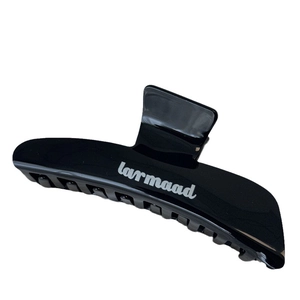 Glossy black acetate hair claw clip with white larmaad logo for elegant hair styling