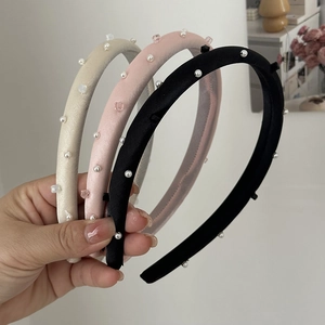 Three-piece set of satin pearl headbands in beige, pink and black for women