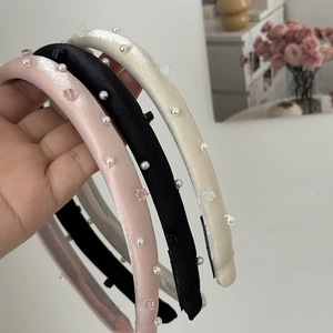 Handmade silk texture pearl headbands for women with thick sponge and crystal beads