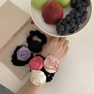 Elegant 3D Rose Flower Satin Scrunchie Large Elastic Hair Tie Korean Style Soft Floral Hair Ring For Women Accessories