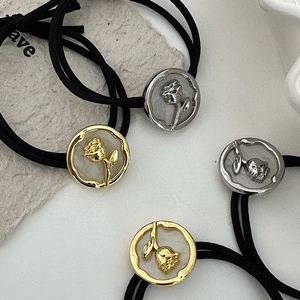 French style elastic hair bands with gold and silver alloy rose charms for women's hairstyles
