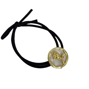 French alloy rose flower hair tie with high elastic black rope and golden pendant