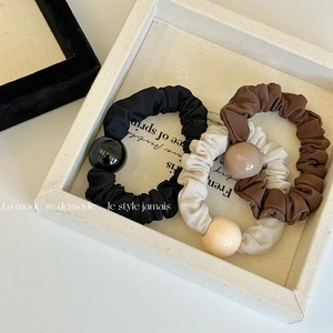 Chouchou en Tissu Plissé de Style Coréen Avec Grande Perle Décorative Élégant Élastique Cheveux Couleur Unie Accessoires Cheveux Femme