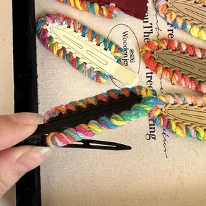 Rainbow braided edge hair clips with colorful knit trim and metal BB clip for women