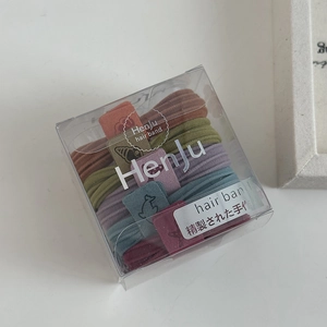 Close-up of seamless hair bands in Morandi colors inside a transparent gift box