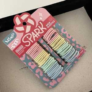 Detail of high elasticity macaron color hair ties in baby size card set packaging