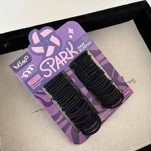 Detail showing set of durable black high-elastic hair bands on purple card display