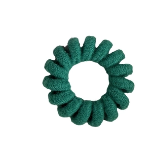 Deep green candy-colored spiral knitted hair tie with a durable elastic phone cord core
