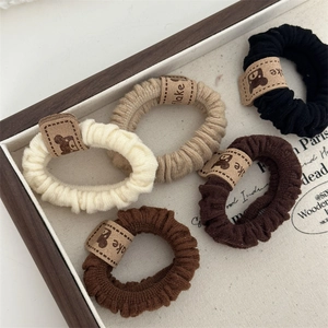 5-piece set of brown knit hair ties with bear patches for high ponytails
