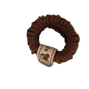 Durable brown knit hair scrunchie with cute bear label for high ponytail styling