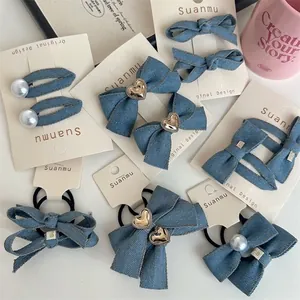Damen Denim Schleife Haarklammer Haargummi Süßes Herz Künstliche Perle Schleife Denim Stoff Mode Haar Accessoires Für Mädchen