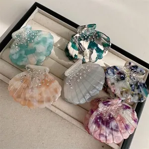 Elegant Shell Shape Acetate Hair Claw Clip With Rhinestone Korean Style Marble Texture Hair Accessories For Women Jewelry