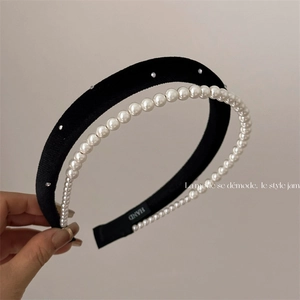 French Elegant Double Layer Artificial Pearl Rhinestone Headband Black Fabric Wide Hair Band Vintage Hair Accessories For Women