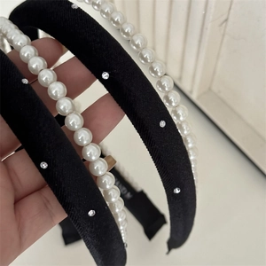 French style double-layer headband set with black velvet rhinestones and white pearls