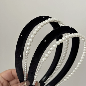 French style double-layer headband set featuring black velvet rhinestones and white pearls