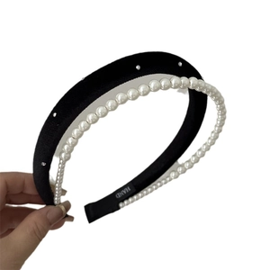 French style double layer headband with white pearls and sparkling zircons on black fabric