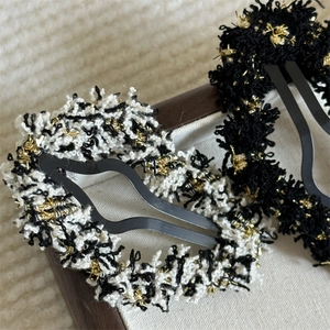 French style tweed wool cloud hair clips in black and white gold thread two-piece set