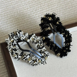French style tweed cloud hair clips in black and white plaid with gold metallic threads