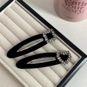 Set of black velvet BB hair clips with heart and square rhinestone accents for women