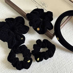 Vintage Black Velvet Hair Accessories Set Shiny Glitter Scrunchies Hair Ties Wide Headband With Metal Hand Made Charm For Women