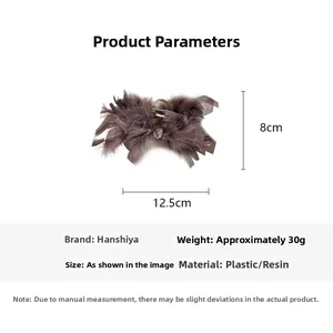 Detail view of purple ostrich feather hair claw clip with size dimensions 12.5x8cm