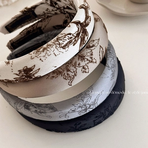 Vintage French Style Satin Padded Headband For Women Elegant Floral Print High Top Hair Band Retro Hair Accessories