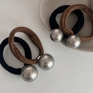 Champagne style elastic hair ties with bold silver metallic ball charms set of 4