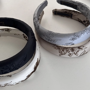 Chinese style satin floral headband set in black white and beige high crown hair hoop