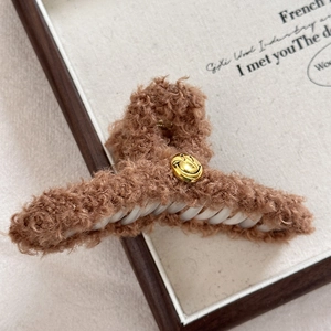 Detail einer braunen Plüsch-Haarklammer mit goldenem Smiley auf französischem Hintergrund