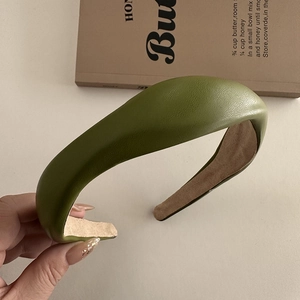 French vintage avocado green faux leather headband with thick sponge and padded design