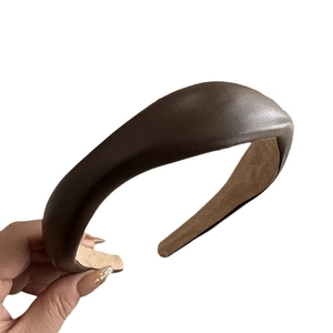 French vintage wide brown leather headband with irregular high top and thick retro texture