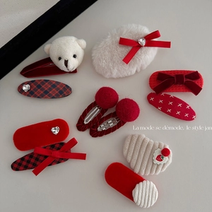 Red White Plush Bear Bow Hairpins Velvet Checkered Hair Clips Sweet Winter Festive Hair Accessories For Women Girls