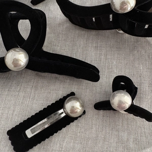 Elegant black velvet hair claw clip set with silver metallic mirror ball accent