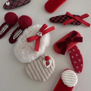 Red and beige plush winter hair clips set with bows, heart rhinestones and strawberry charm