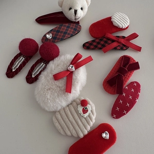 Red and beige plush winter hair clips set with cute bear and strawberry design