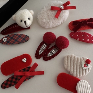 10-piece festive red hair clips set with plush bears, bows and plaid patterns for women