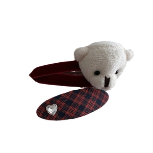 Festive red velvet BB hair clips with plush bear and tartan pattern with rhinestone heart