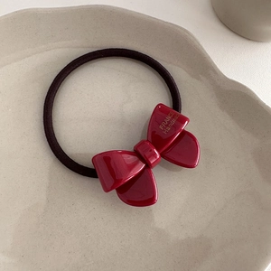 Burgundy acetate bow hair tie with gold France engraving and high elasticity rubber band