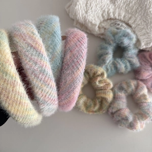 Winter pastel plaid knit headband and scrunchie set in soft plush material