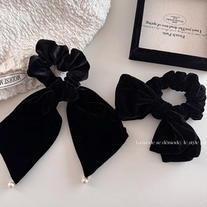 Vintage Black Satin Bow Scrunchie With Artificial Pearl Pendant French Style Elegant Ribbon Hair Tie For Women Hair Accessories