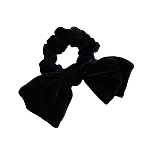 Elegant black velvet hair scrunchie with large bow and pearl pendant for women