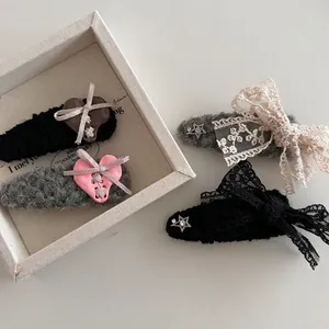 Winter hart wol BB clips en kant boog haarspelden met pluche textuur voor dames