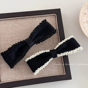 French Elegant Beaded Bow Hair Clip Twill Fabric Beaded Edge Spring Clip For Women Retro Bowknot Hair Accessories
