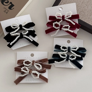 Velvet bow hair clips with white pearls in black, burgundy, brown, and dark green colors