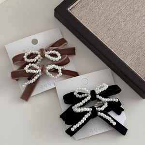 Handmade velvet bow hair clips with pearl beads in black and brown colors
