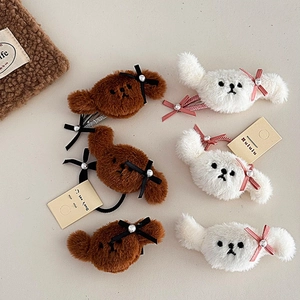 Set de pinzas y gomas de pelo de perro Bichón de felpa con lazos de satén y perlas