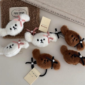 Conjunto de pinzas y gomas de pelo de cachorro bichón de peluche con lazos y perlas