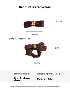 Detailed size parameters for the brown plush hair clip and bow tie hair scrunchie set