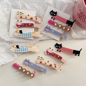 Cute long cat cartoon hair clips for girls featuring colorful patterns and resin finish
