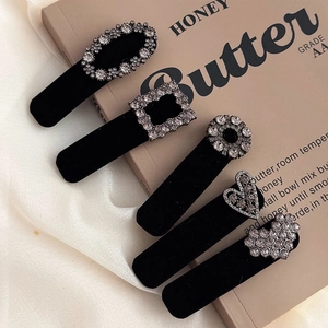 Elegant vintage velvet rhinestone hair clip set with five assorted shapes on white silk
